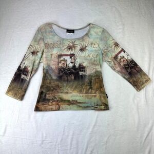 Impulse California Top Womens M 3/4‎ Sleeve Multi Tropical Print Studded Y2K USA